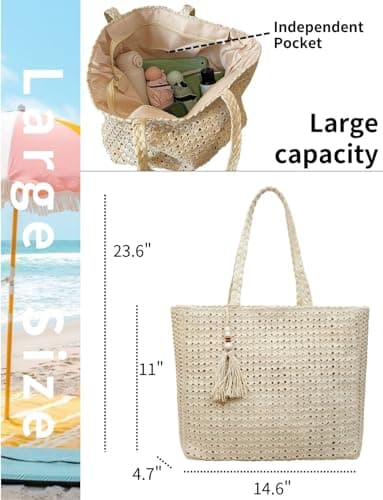Gleease Straw Tote Bag for Women Woven Beach Bag Raffia Tote with Zipper for Summer Vacation Travel Pool Large Purses view 4