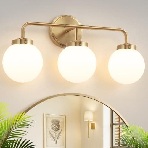 Gold Bathroom Light Fixtures, 3-Light Bathroom Gold Vanity Light | 22" Mid Century Modern Vanity Light Over Mirror with Milky White Glass Shades for Bathroom Hallway, Living Room — image 1