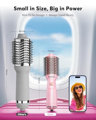 2" Travel Blow Dryer Brush, Dual Voltage 100-240V Hot Air Brush, 4-in-1 Ionic Hair Dryer Brush for Blowout, Volumizing, Straightening, Curling & Drying, Portable with EU UK Plug view 2