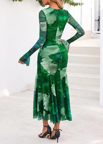 Lazysmile Women's Long Sleeve Floral Maxi Dresses Fall Formal Crewneck Bodycon Mesh Ruffle Wedding Guest Cocktail Party Dress view 2