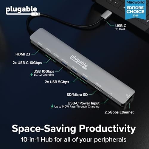 Plugable USB C Hub: 10-in-1 Multiport Adapter (8K/4K 144Hz HDMI 2.1, 2.5G Ethernet, 140W Charging, 10Gbps Data) Driverless IT Deployment for MacBook Pro/Air Windows Thunderbolt Chromebook, USBC-10IN1E view 2
