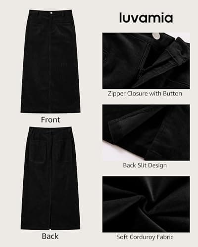 luvamia Corduroy Skirts for Women Midi Length High Waisted Trendy Fall Elastic Waist Casual Stretchy Welt Pockets Skirt view 5