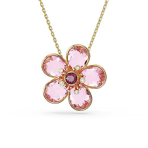 Swarovski Idyllia Pendant Necklace with Pink Flower Motif on a Gold-Tone Finished Chain, Part of the Idyllia Collection