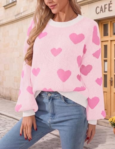 Womens Cute Heart Print Sweaters Fall Oversized Long Sleeve Pullover Tops view 2