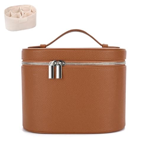 Brown Leather Makeup Bag, Travel Vanity Make up Case with Compartments , Portable Cosmetic Organizer Bags,Toiletry Bag for Women — image 1