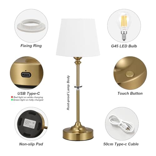 Kakanuo Gold Cordless Table Lamp with Rechargeable Battery, 1 Pack | Touch Stepless Dimming with Memory, 4000mAh Capacity, 3000K Warm Light, for Bedroom, Dining Table, Counter, Living Room view 3