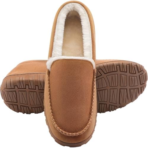shoeslocker Moccasins for Men House Slippers Indoor Outdoor Plush Mens Bedroom Shoes with Hard Sole Beige 10 M US