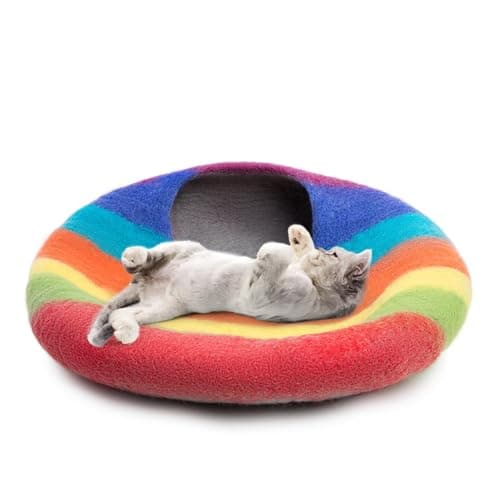 Woolygon Premium Felt Cat Cave Bed – Wool Kitty Beds Handcrafted Kitten Caves Bed for Indoor Cats - Made from Merino Wool, Foldable Cat Hideaway Covered Cat House Pod (Rainbow Twist) view 3