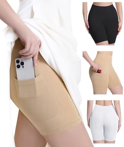 Okimay 3 Pack Slip Shorts for Under Dress with Pocket Smooth Anti Chafing Shorts Women Bike Shorts — image 1