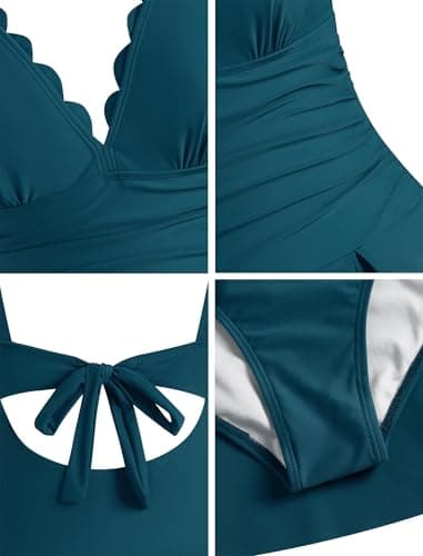 ZAFUL One Piece Swim Dress Swimsuits for Women Scallop Tummy Control Swimdress Tie Knot Swim Skirt Swimwear Bathing Suit view 6