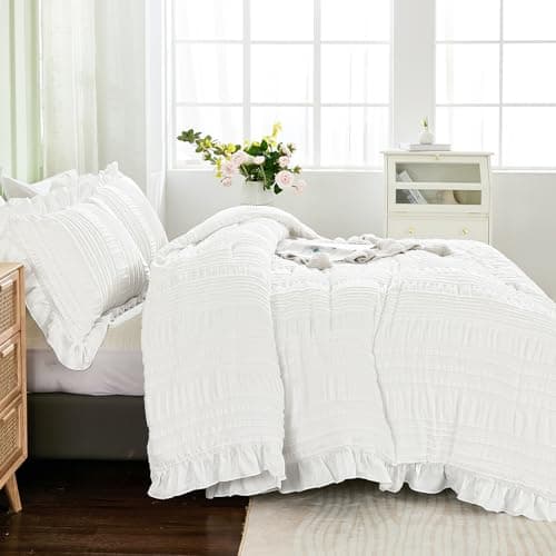 WONGS BEDDING White Queen Comforter Set,Boho Ruffle Comforter for Queen Bed,Soft Seersucker Shabby Chic Bedding Set with 1 Comforter,2 Tufted Pillowcases 90"×90" view 3