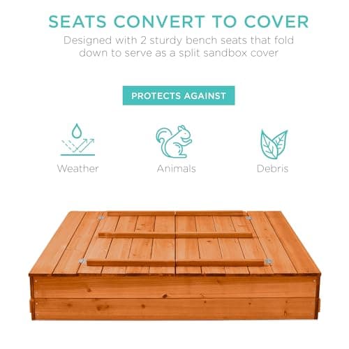 Best Choice Products Large Outdoor Wooden Sand Box for Kids, Sandbox with Cover, Bench Seats Support up to 220 lbs, Bottom Liner for Drainage, Cedar Wood - Brown view 4