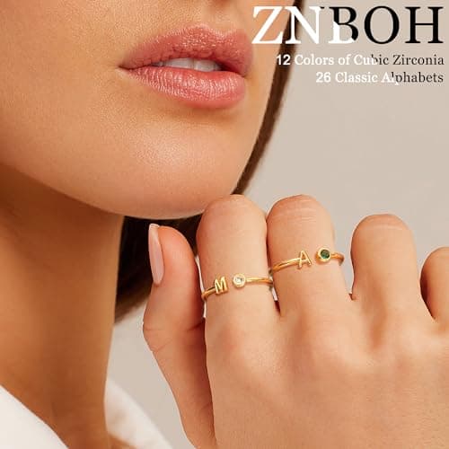 ZNBOH Gold Birthstone Initial Rings for Women Non Tarnish Dainty 14K Gold Plated Adjustable Letter Ring for Women Stackable Cute Thumb Pinky Fashion Unique Open Simple Birthday Gifts Jewelry view 2