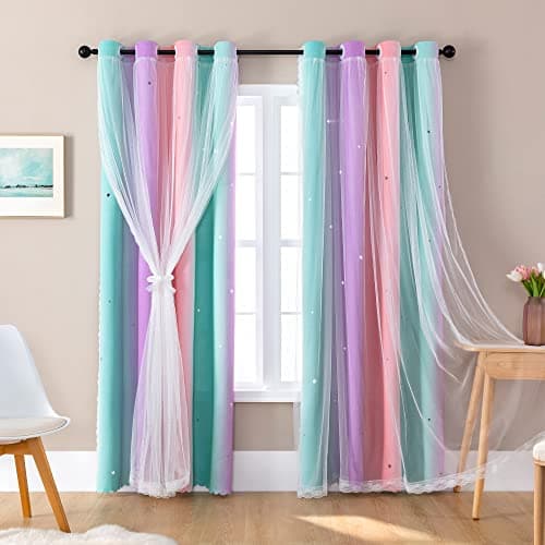 XiDi Curtains for Girls Bedroom Decor, Rainbow Blackout Curtains for Kids/Little Girl Room Decor, Unicorn Wall Decals,Pink Purple Green,63 x 34 inches,1 Panel view 1