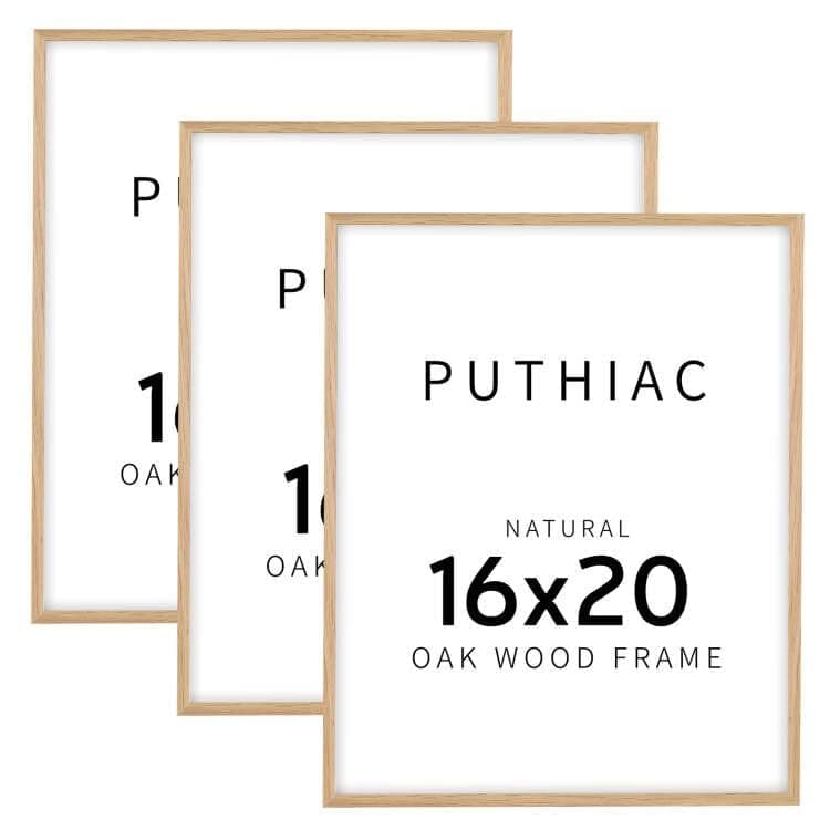 puthiac 16x20 Solid Oak Wood Picture Frame, Fits 12x16 with Mat or 16x20 Without Mat, Wall Display Only, Vertical or Horizontal, Plexi Front, 3 Pack, Natural Oak view 1