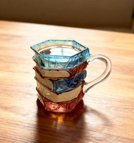 TOPORNEE Handmade Painted Book Coffee Mug, 14 oz Glass Cup, Stacked Books Design with Colored Handle, Gift for Readers and Book Lovers (Transparent Handle#B, Large) view 4