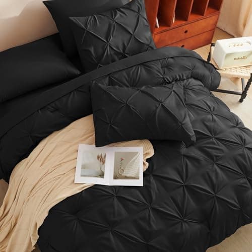 CozyLux King Size Comforter Set Black, 7 Pieces Pintuck Bed in A Bag Black Comforter King Size, Pinch Pleat Bedding Set with All Season Comforter, Sheets, Pillowcases & Shams view 5