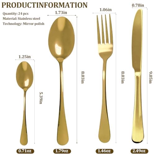 Gold Silverware Set, Stainless Steel Flatware Set Service for 6, Kitchen Cutlery Gift Set Utensils Knife Fork Spoon Dinnerware Tableware Kit for for Home, Wedding, Restaurant (Gold) view 3