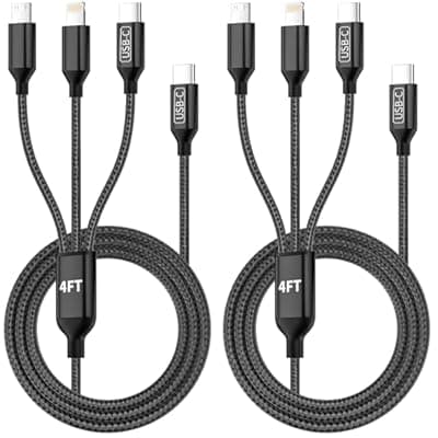 Travel Vacation Essentials USB C Multi Charging Cable, 2Pack 4FT Nylon 3-in-1 Charging Cord for Multiple Devices with Type C/Micro/IP Port, Universal Charger Cable for Cell Phone, Galaxy 25, iPad