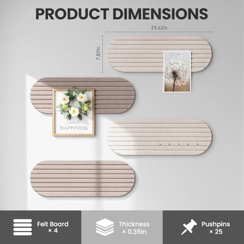 Bulletin Board, 24'' X 8'' Cork Board Alternative, 4 Pack Felt Bar Strips Board with Pushpins, Foldable Felt Notice Vision Board Photo Display Board for Office Home School Wall view 2