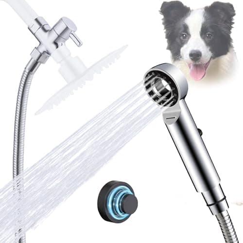 Dog Shower Attachment, 3 Mode Handheld Sprayer with ON/OFF Switch, G1/2" 3-Way metal Diverter, 100 Inches Stainless Steel Hose, No Drill Holder, for Pet and Dog Washing in Bathroom — image 1