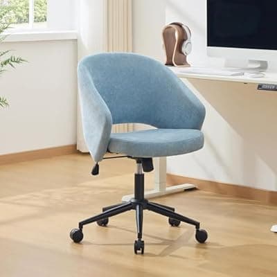 Fmolat Vanity Chair with Back,Small Office Chair with Silent Wheels,Luxury Faux Fur for Lumbar Support,Adjustable Swivel Rolling Desk Chair Compact for Your Vanity Room and Small Office (Blue)