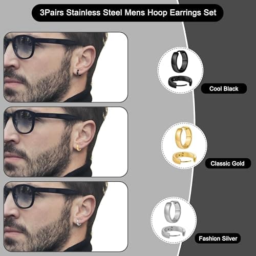 DHZJTSL 3 Pairs Hypoallergenic Small Hoop Earrings for Men, 316L Surgical Stainless Steel Black/Gold/Silver Earrings Huggie Jewelry Set for Mens Women 12/14/16mm view 3