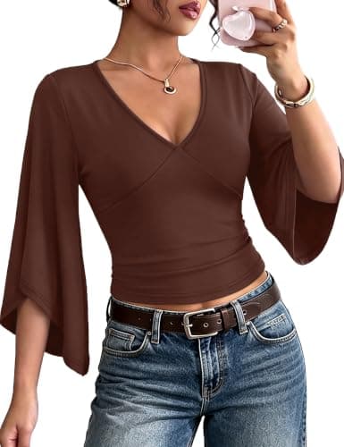 Going Out Tops for Women V Neck 3/4 Length Sleeve Womens Tops Y2K view 2