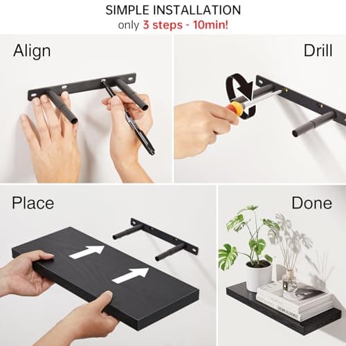 BAYKA Floating Shelves for Wall, Wall Mounted Rustic Wood Shelves for Bathroom, Bedroom, Living Room, Kitchen, Hanging Shelf for Books/Storage/Room Decor with 22lbs Capacity (Black, Set of 3, 15.7in) view 5