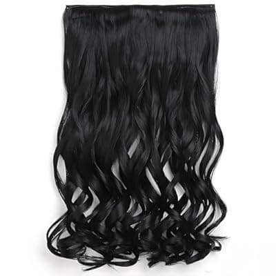 5 Clip in Hair Extensions Synthetic Thick Curly Wavy Hairpieces for Women 18 Inch Natural Looking 3/4 Full Head Clip on Hair Extensions Natural Black