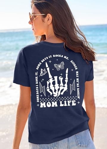 Ithalt Womens Mama Shirt Mom Life Shirts Skeleton Mother Printed T-Shirt Rock and Roll Short Sleeve Tops view 4