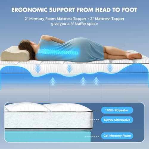 Queen Size Dual Layer 4 Inch Memory Foam Mattress Topper for Pressure Relief, 2" Breathable Pillow Top Plus 2" Cooling Gel Memory Foam Mattress Pad, 21" Elastic Pocket, Medium Support, White view 6