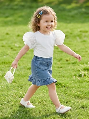 vfvBaby Toddler Baby Girl 2 Piece Outfit White Tulle Puff Sleeve Top & Denim Ruffle Skirt Set Infant Casual Summer Clothes view 2