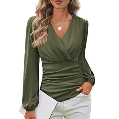 GRACE KARIN Long Sleeve Blouses for Women Dressy Casual, Wrap Tops Work Shirts, 2026 Summer Business Outfits