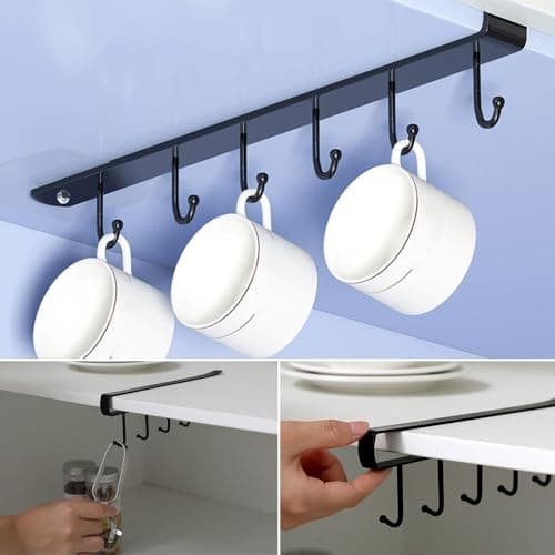 2 Pack Storage Mug Hooks Rack Under Cabinet Each with Fixed Sticker, 6 Hooks Cup Holder Hanger, Ties Belts Scarf Hanging Hook Rack, Mug Hook Hanger Under Shelf Without Drilling Kitchen Utensil Hanger view 6