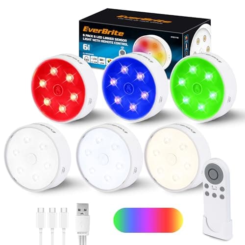 EverBrite Puck Lights with Remote, Rechargeable 2000mAh Linked Sensor Under Cabinet, Two Group Control, 10 RGB Colors, Dimmable for Kitchen, Bedroom Closet (6-Pack) — image 1