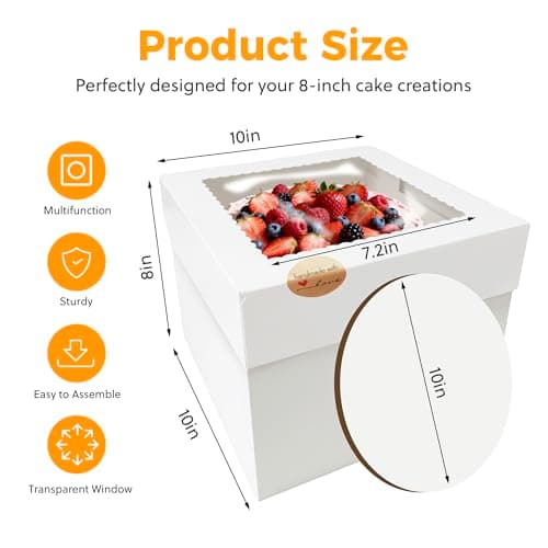 5 Pack Cake Boxes,10x10x8 Inch Tall Cake Box with Cake Boards 10",Disposable Cake Containers with Lids,White Bakery Boxes with Large Window,for Layer Cakes,Pies,Donuts,Cookies,Wedding,Birthday,Party view 2