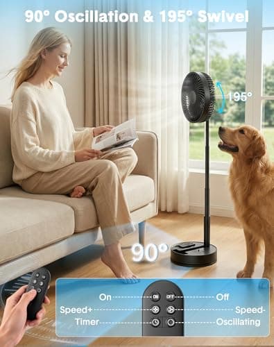 Portable Standing Oscillating Rechargeable Fan - 8" 8000mah Battery Operated USB Fans for Bedroom Quiet Remote Folding Pedestal Floor Ventilador Foldable Table Desk Room Office Camping Cruise Travel view 3