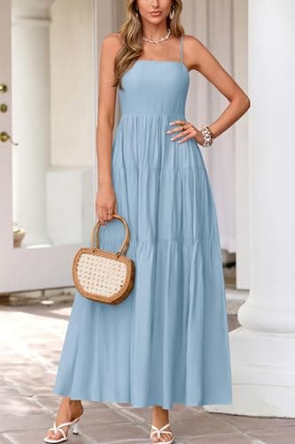 Okiwam Women's Summer Dress 2026 Casual Boho Sleeveless Spaghetti Strap Smocked Maxi Dress Ruffle Long Beach Sundresses view 5