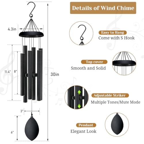 Wind Chimes 30in Black Metal Outdoor, Patio Garden Gift for Moms view 3