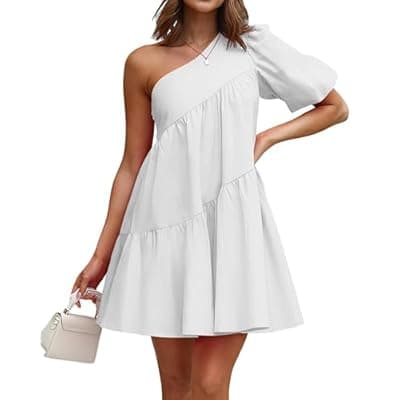 KIRUNDO Summer One Shoulder Mini Baby Doll Dresses Women 2026 Casual Puff Sleeve Loose Tiered A Line Flowy Short Dress