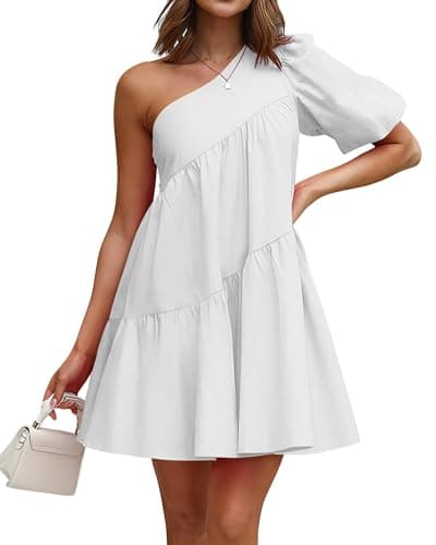 KIRUNDO Summer One Shoulder Mini Baby Doll Dresses Women 2026 Casual Puff Sleeve Loose Tiered A Line Flowy Short Dress — image 1