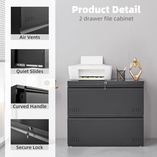 Approgreent 2 Drawer File Cabinet, File Cabinets for Home Office, Printer Stand, File Cabinet with Lock, Lateral Filing Cabinet for A4/Letter/Legal Size File Folders, Assembly Required(Black) view 3