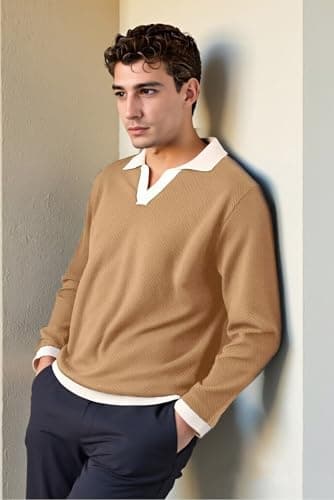 BAYAMO Mens Polo Sweater V Neck Long Sleeve Pullover Sweater Casual Knit Textured Sweater view 3