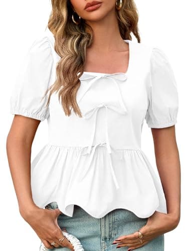 Tankaneo Womens Summer Peplum Babydoll Tops Square Neck Short Puff Sleeve Blouses Ruffle Cute Bow Shirts — image 1