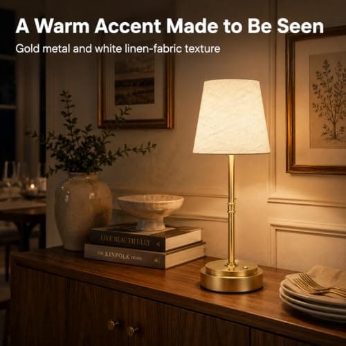 Rechargeable Cordless Table Lamp, Nightstand to End Table,Gold,1 Pack | 6000mAh Battery Operated, 16-Inch Antique Brass Aesthetic, For Kitchen Counter, Bathroom Vanity and Dining Room view 4