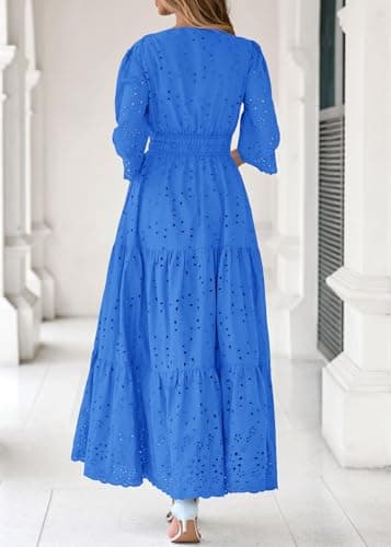 Lazysmile Long Sleeve Dresses for Women V Neck Hollow Out Eyelet Ruffle Swing A-Line Fall Vacation Boho Maxi Dress view 2