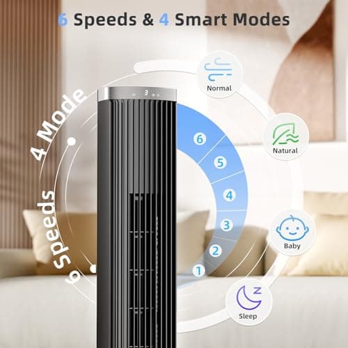 COWSAR 41-Inch Bladeless Tower Fan with Remote, 6 Speeds, 4 Modes, 24H Timer, 60° Oscillation for Bedroom, Office, Kitchen, Black view 2