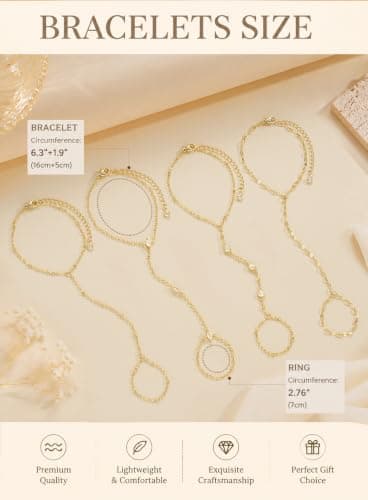 4PCS Gold Hand Chain Bracelets for Women, 14K Gold Plated Ring Bracelet Hand Chain Set, Dainty Stackable Finger Bracelets Jewelry Gifts view 2