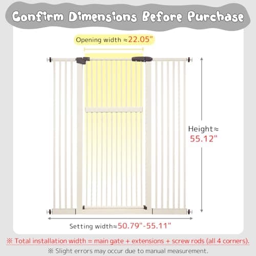 Lumizone Extra Tall Pet Gate 55.12" High Pressure Mounted 50.79"-55.11" Extra Wide (9 Sizes) 1.37" Gap for Cat Dog Stairs Doorway Hallway No Drilling Auto-Close (50.79"-55.11" W, Cream White) view 2